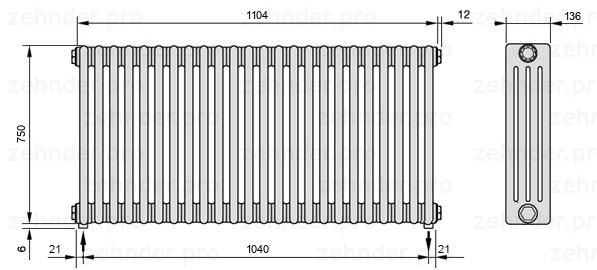 Схема (чертеж) Радиатор Zehnder Charleston 4075/24 №5310 Белый глянцевый RAL 9016